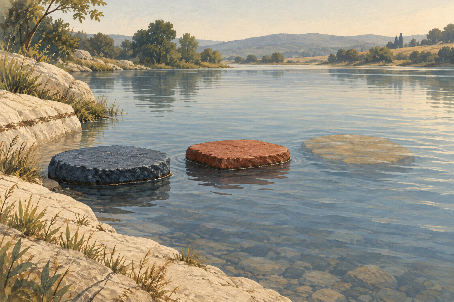 Three flat stepping stones lead out from a rocky riverbank: a dark slate-blue stone and a rust-red stone sit above the waterline, while a pale ochre stone lies just beneath the calm surface.
