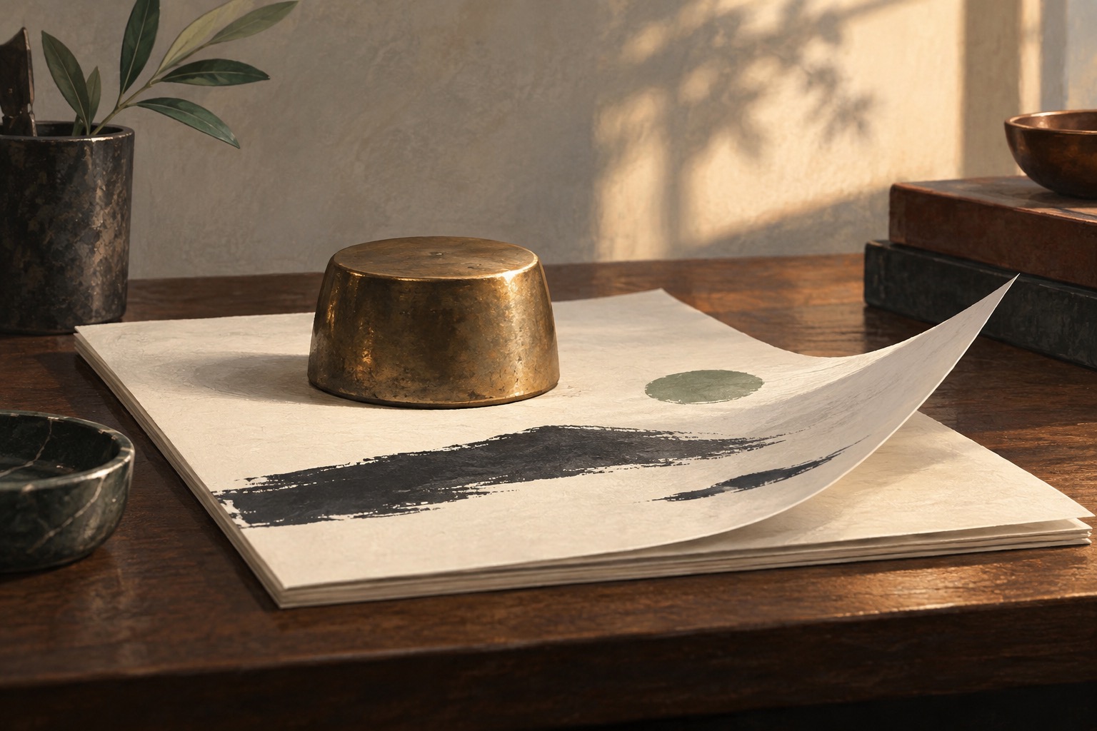 A brass paperweight holds a report while one edge lifts in the breeze.