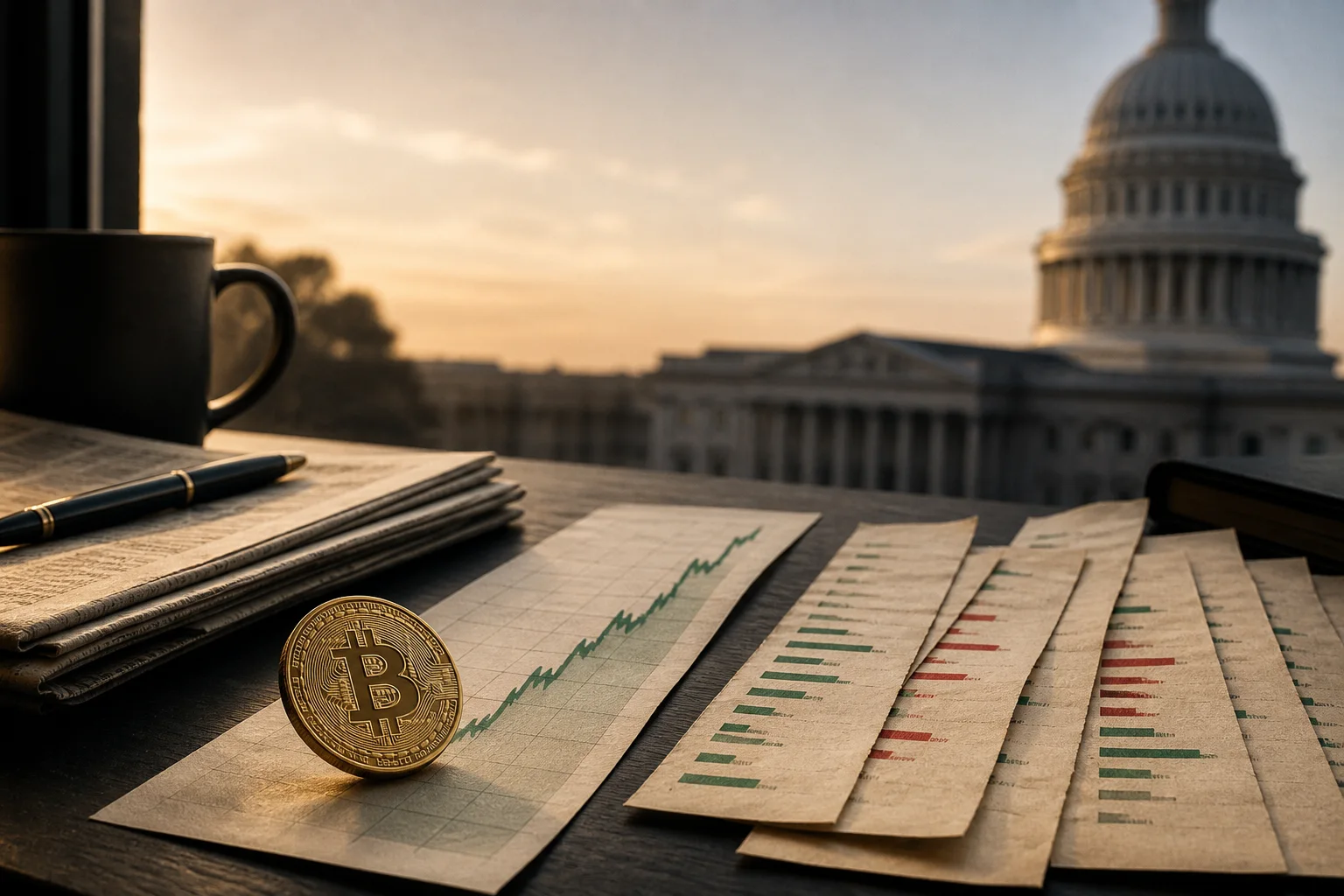 Editorial still life with a Bitcoin coin, market tape, and fund-flow records on an analyst desk