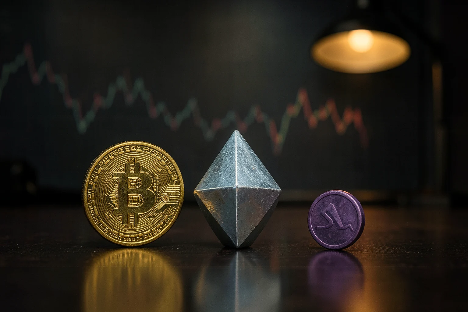 Bitcoin, Ether, and Solana arranged in sequence on an analyst desk after a sharp market rotation