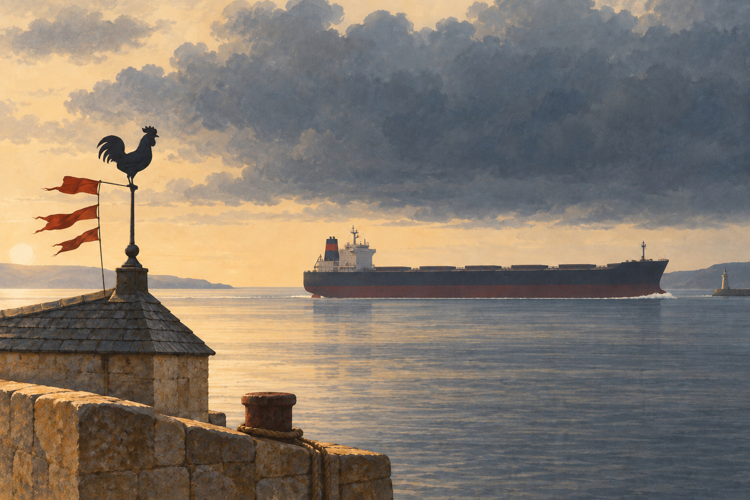 A rooster-shaped weathervane and three rust-red flags stand on a harbor rooftop while a large freighter crosses calm water beneath dark clouds.