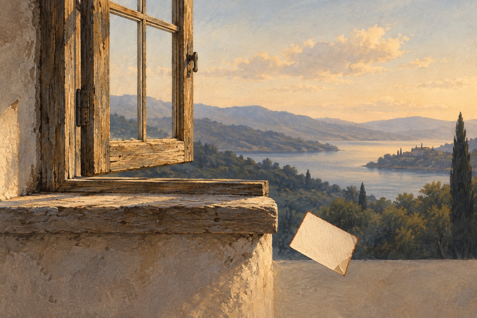 An open wooden window overlooks a lake and hills as a blank note card falls past the stone sill.