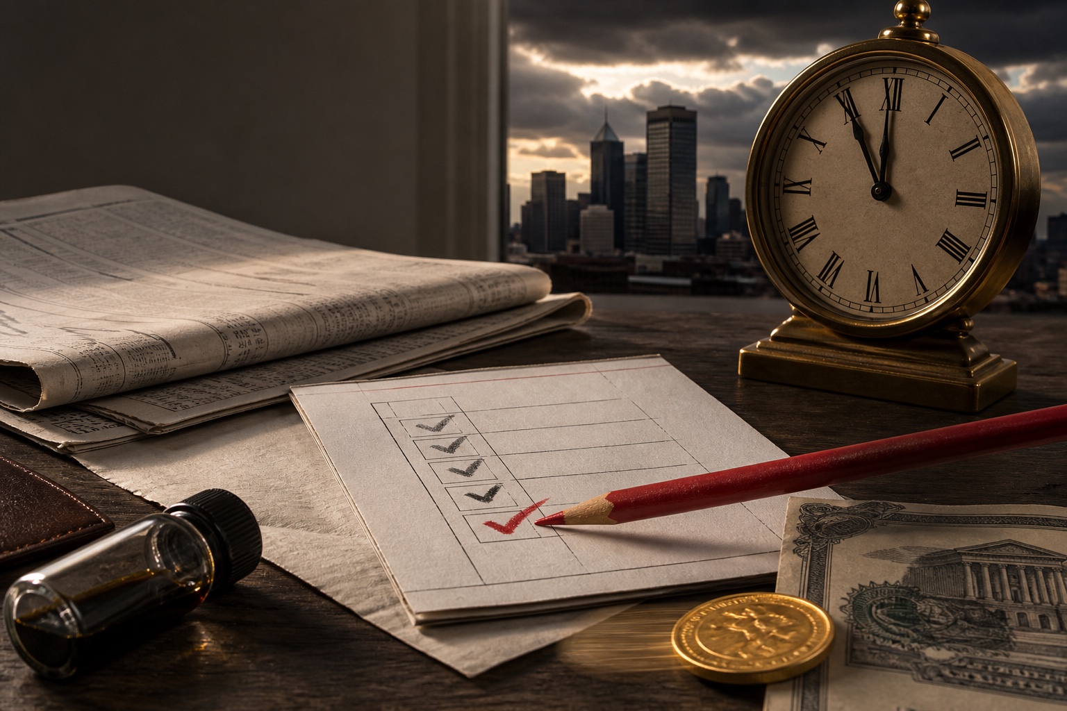A checked forecast sheet beside oil, Treasury, gold, and market evidence as a storm clears over a financial district