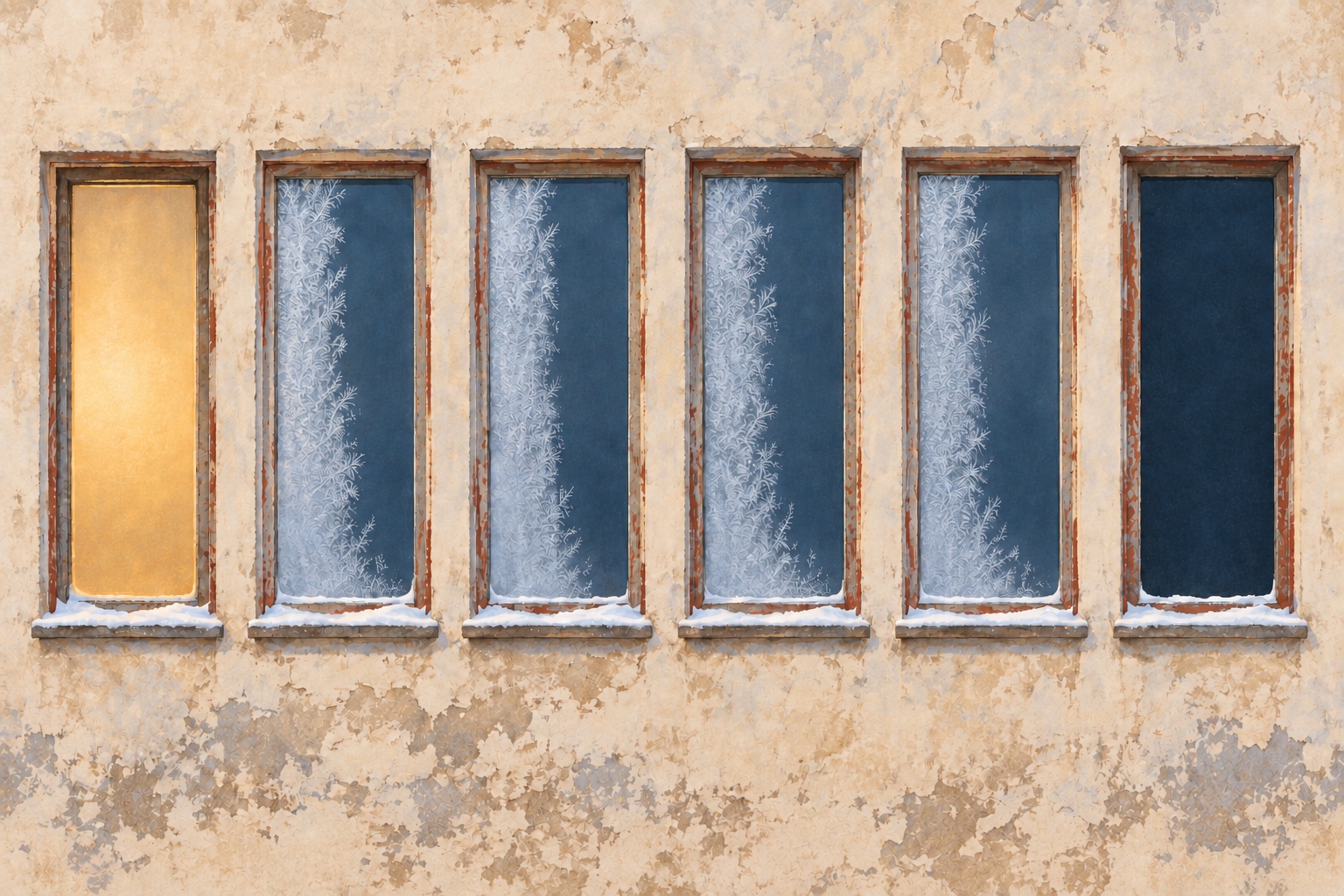 Six old windows line a weathered ivory wall: one glows ochre, four have partly frosted blue panes, and the sixth is dark and unfrosted.