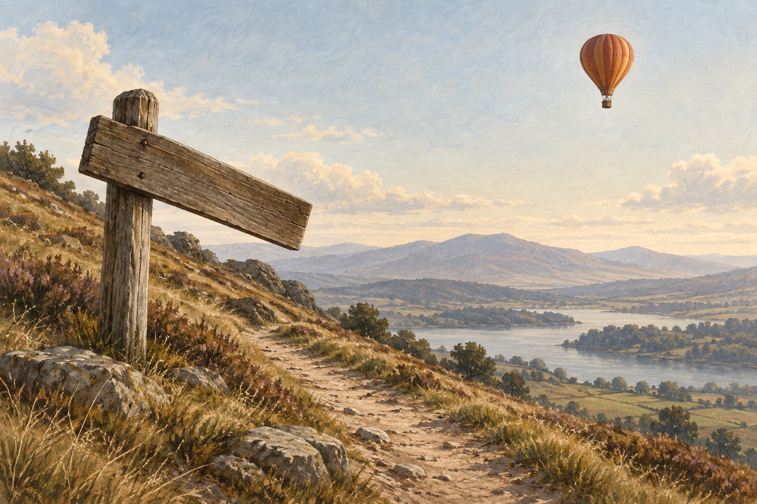 A blank wooden signpost tilts downhill beside a rocky path above a lake while an ochre hot-air balloon floats overhead.