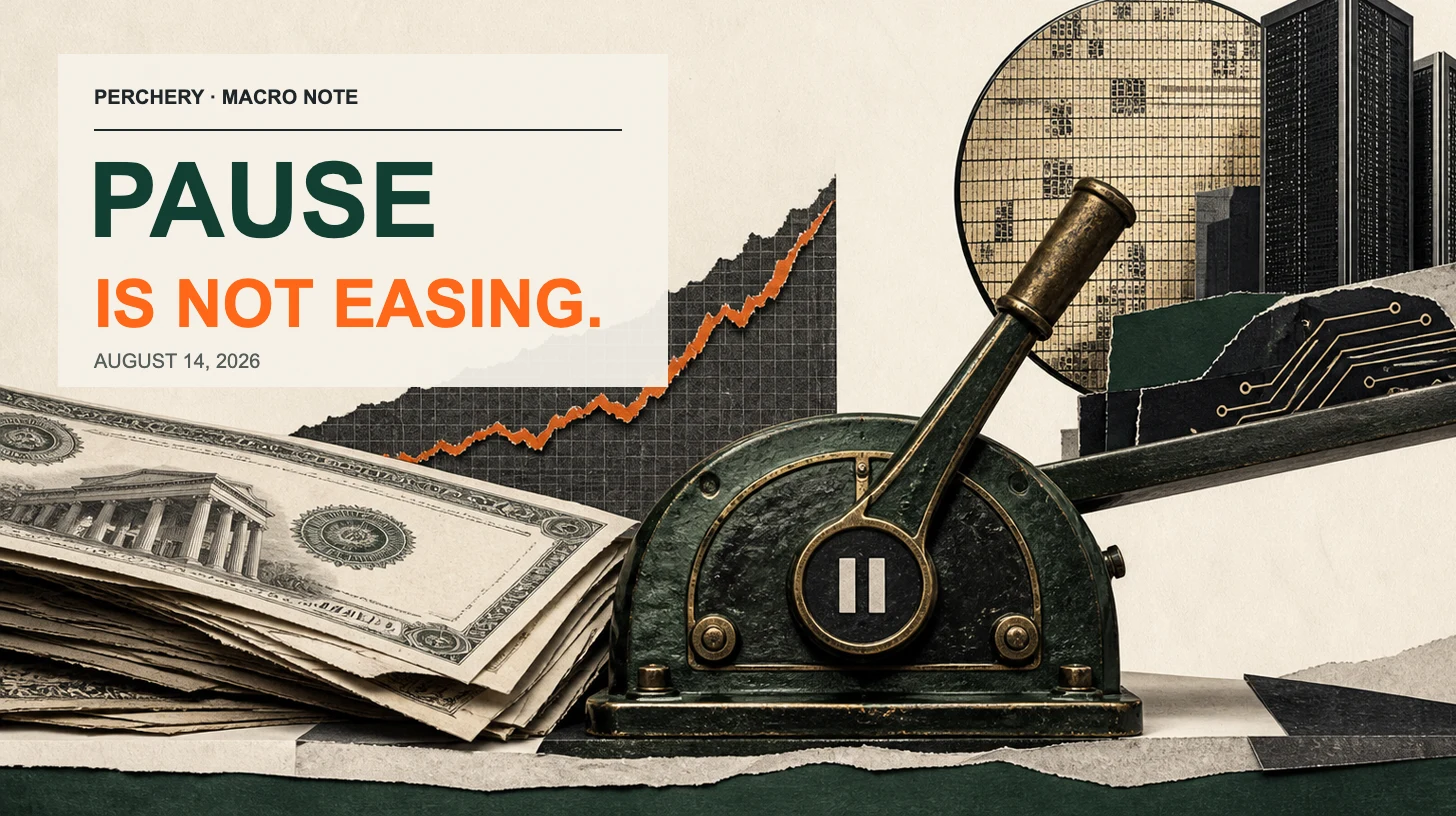 Editorial illustration of a monetary-policy pause lever between Treasury financing and AI infrastructure