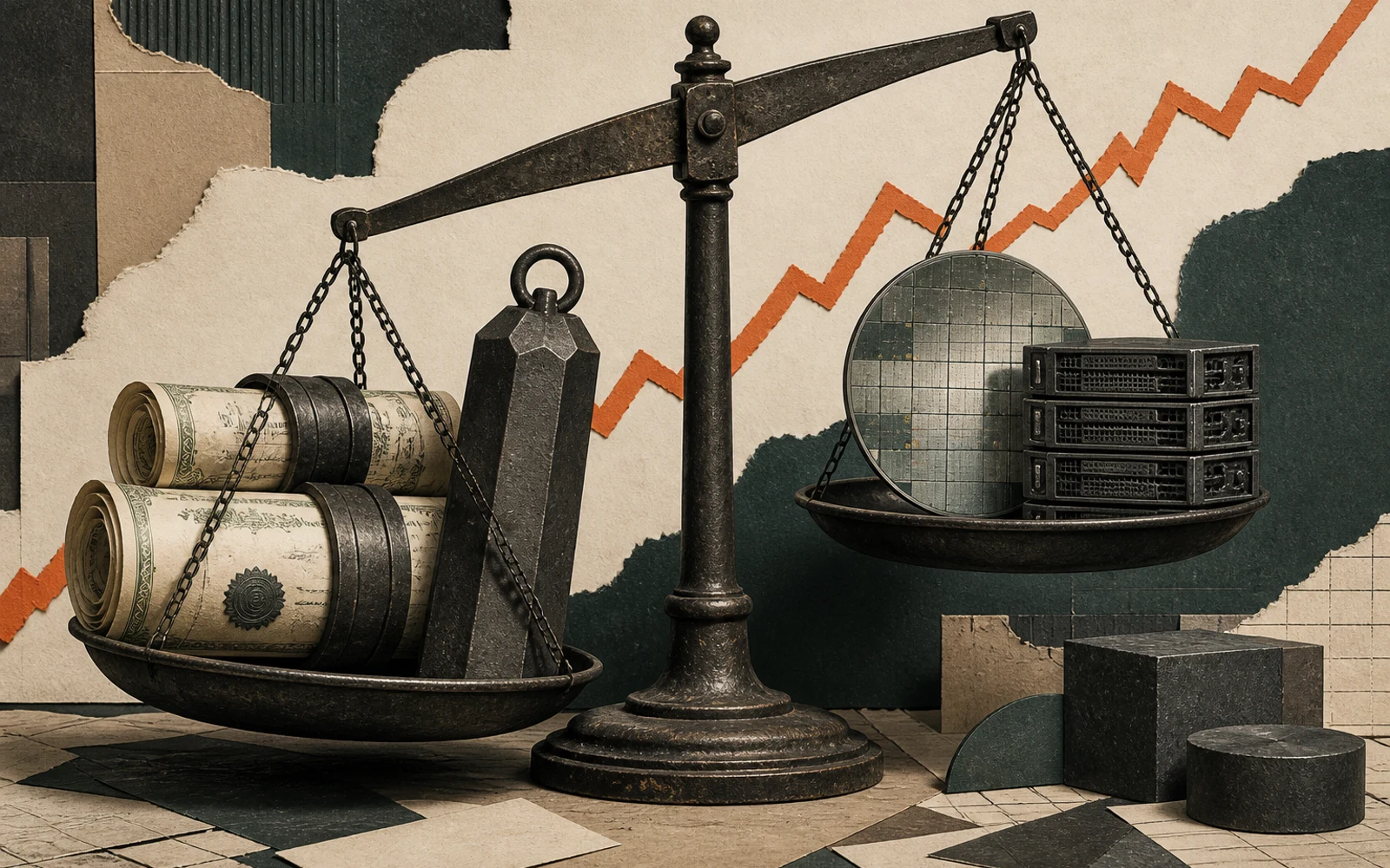 Editorial illustration balancing long-dated Treasury financing against semiconductor and AI infrastructure valuations