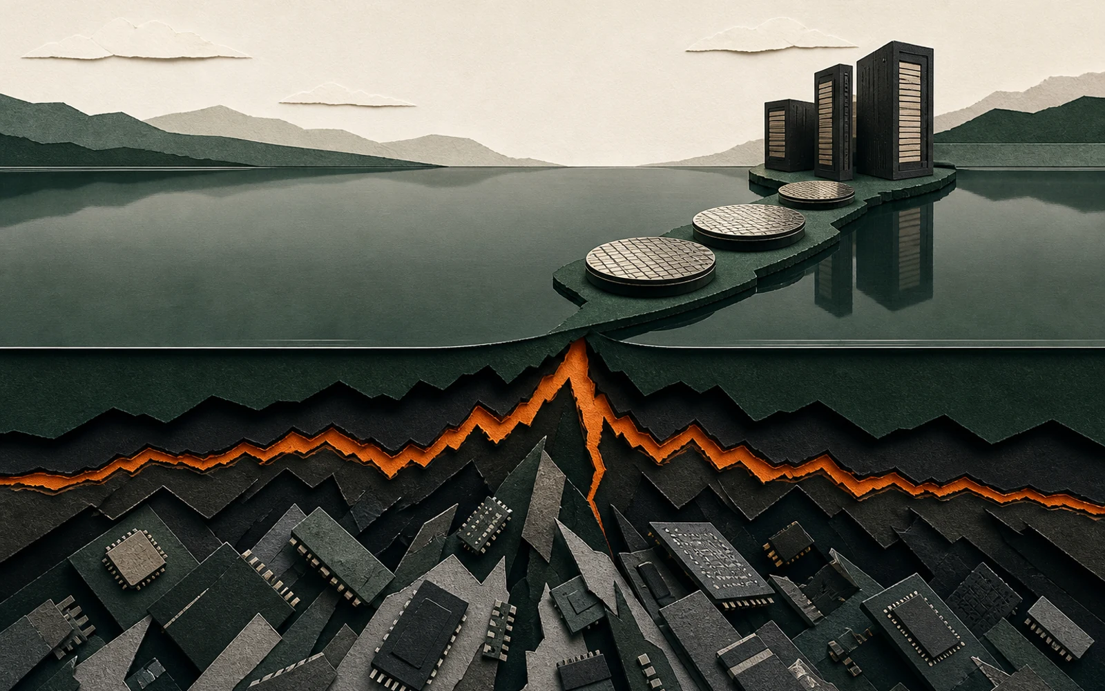 Editorial illustration of a calm market surface above tail-risk pressure and a narrowing semiconductor path